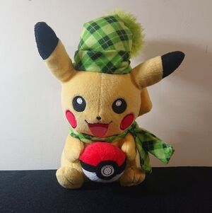 2017 Tomy Pokemon - Pikachu Plush with Checkered Green Hat and Scarf, Poke Ball